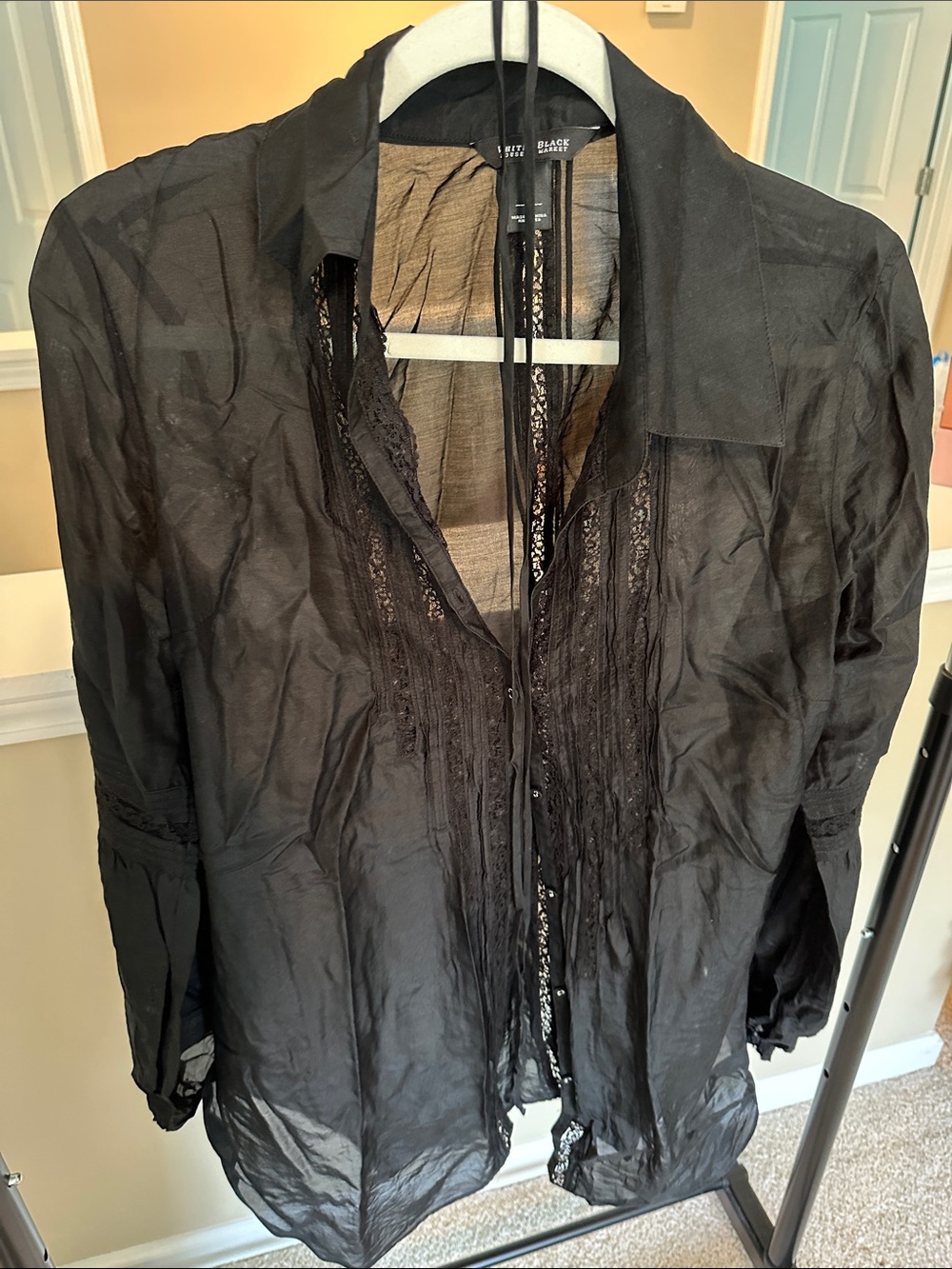 White House Black Market Black Sheer Lace-Trim Top